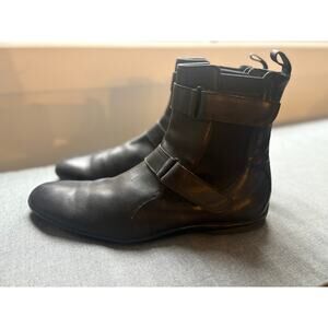 Gucci Chelsea Mens Black Leather Shoes Loafer Boots 48 E Velcro Side Strap 12.5